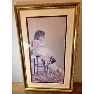 H.R. Poole “Sympathy” Framed Art Print Girl & Dog Large Gold Frame 26x16